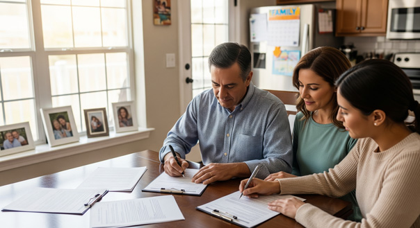 Three people sit at a wooden table in a bright kitchen, reviewing and signing documents together. Family photos and papers are visible on the table, and sunlight streams through a window behind them. Three people sit at a wooden table in a bright kitchen, reviewing and signing documents together. Family photos and papers are visible on the table, and sunlight streams through a window behind them.