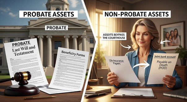 A smiling child in a yellow top playfully covers the eyes of both adults sitting beside her at a table with papers, books, and a laptop. The adults react with amusement in a cozy home setting.