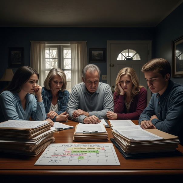 A serious family of five sits at a table covered with legal papers and folders, focused on documents about estate planning and wills, suggesting a discussion about inheritance or family legal matters.