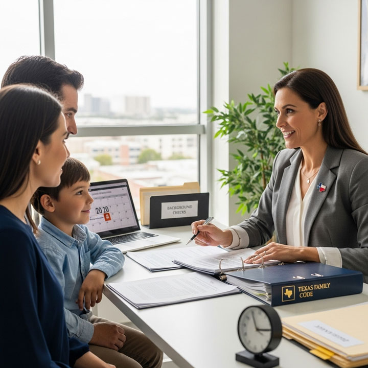 A woman in a blazer sits at a desk labeled “Texas Family Code,” smiling and talking to a family of three—two adults and a young boy—in a bright office with paperwork and a laptop present.
