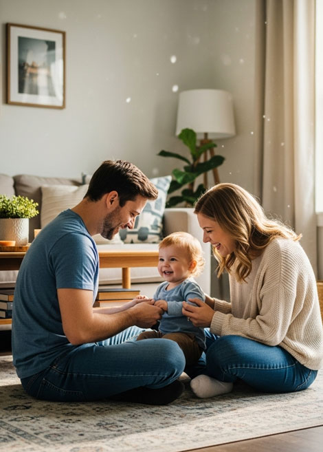 A smiling man and woman sit on the floor with a happy baby between them in a cozy, sunlit living room. The family appears to be playing and enjoying time together.