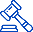 A blue outline drawing of a judge's gavel and sound block, symbolizing law, justice, or court proceedings.