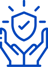 Blue outline of two hands holding a shield with a checkmark, surrounded by rays, symbolizing protection, security, or assurance.
