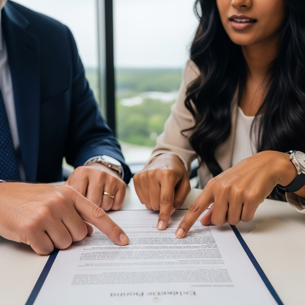 Two people in business attire sit at a table, closely examining and pointing at a document together, suggesting a discussion or review of important paperwork. A large window with a blurred outdoor view is in the background. Two people in business attire sit at a table, closely examining and pointing at a document together, suggesting a discussion or review of important paperwork. A large window with a blurred outdoor view is in the background.