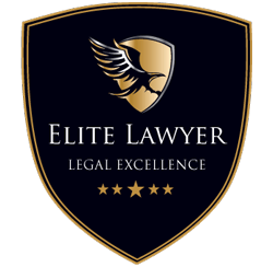 A dark blue and gold shield logo featuring a stylized eagle head, the words "Elite Lawyer Legal Excellence," and five gold stars at the bottom. A dark blue and gold shield logo featuring a stylized eagle head, the words "Elite Lawyer Legal Excellence," and five gold stars at the bottom.