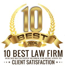 Gold emblem with laurel wreath and "10 Best 2025" text, awarded for "10 Best Law Firm" and "Dedication to Client Satisfaction. Gold emblem with laurel wreath and "10 Best 2025" text, awarded for "10 Best Law Firm" and "Dedication to Client Satisfaction.