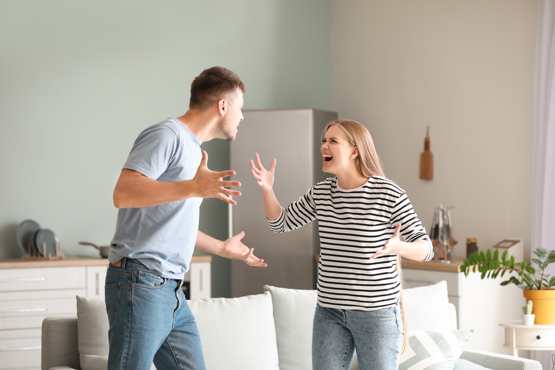 A man and a woman are standing in a living room, facing each other and arguing with raised voices and expressive hand gestures. Both look upset and frustrated.