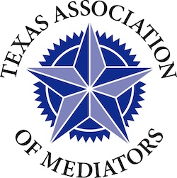Logo of the Texas Association of Mediators featuring a large blue star with geometric segments, surrounded by a circular blue pattern and the organization's name in bold letters around the star. Logo of the Texas Association of Mediators featuring a large blue star with geometric segments, surrounded by a circular blue pattern and the organization's name in bold letters around the star.