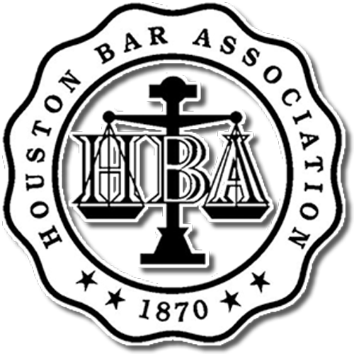 Black and white seal logo for the Houston Bar Association with "HBA" overlaid on a scales of justice graphic and the text "Houston Bar Association 1870" around the circular border. Black and white seal logo for the Houston Bar Association with "HBA" overlaid on a scales of justice graphic and the text "Houston Bar Association 1870" around the circular border.