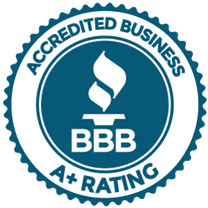A blue and white circular badge with the text "Accredited Business BBB A+ Rating" surrounding the Better Business Bureau torch logo in the center. A blue and white circular badge with the text "Accredited Business BBB A+ Rating" surrounding the Better Business Bureau torch logo in the center.